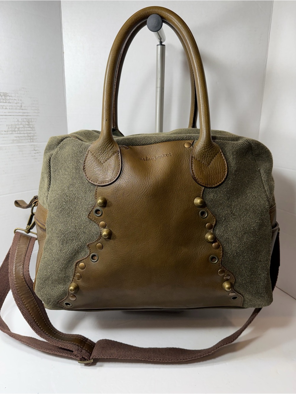 Urban Junket Olive Green Canvas & Brown Leather Satchel with strap